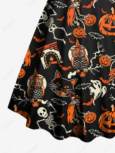 Gothic Plus Size Pumpkin Bat Skeleton Ghost Owl Cat Print Halloween Costume A Line Tank Dress