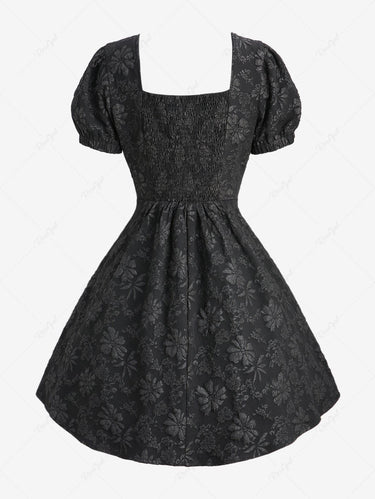 Gothic Chrysanthemum Floral Jacquard Ruched Bust Half Button Front Opening A Line Dress
