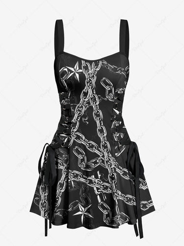 Gothic 3D Chain Stars Print Halloween Costume Lace Up A Line Tank Dress
