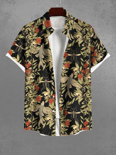 Gothic Plus Size Skull Fish Rose Flower Leaf Branch Print Halloween Button Pocket Shirt For Men