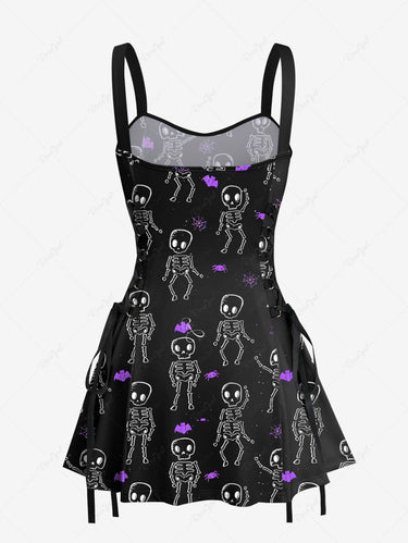 Gothic Skeleton Dancer Bat Spider Print Halloween Costume Lace Up A Line Tank Dress