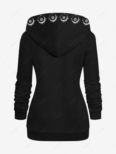 Gothic Plus Size Sun Moon Tassel Galaxy Print Full Zipper Drawstring Pocket Hoodie