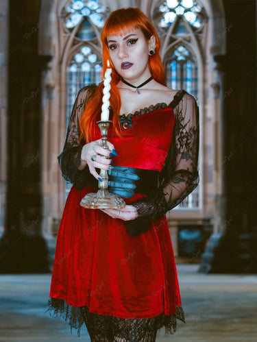 Gothic Floral Lace Poet Sleeves Patchwork Velvet Layered A Line Dress Rgothic Gothic Floral Lace Poet Sleeves Patchwork Velvet Layered A Line Dress Rgothic