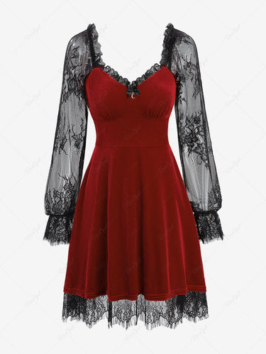 Gothic Floral Lace Poet Sleeves Patchwork Velvet Layered A Line Dress