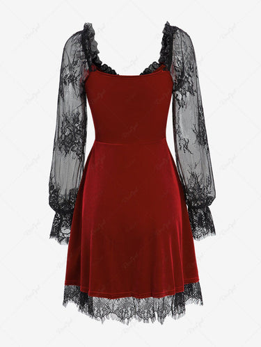 Gothic Floral Lace Poet Sleeves Patchwork Velvet Layered A Line Dress