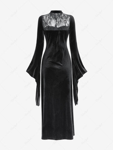 Gothic Halloween Flare Sleeves Floral Lace Panel Velvet Patchwork Split Button Maxi Dress