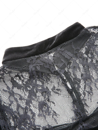 Gothic Halloween Flare Sleeves Floral Lace Panel Velvet Patchwork Split Button Maxi Dress