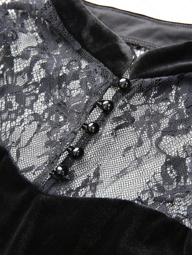 Gothic Halloween Flare Sleeves Floral Lace Panel Velvet Patchwork Split Button Maxi Dress