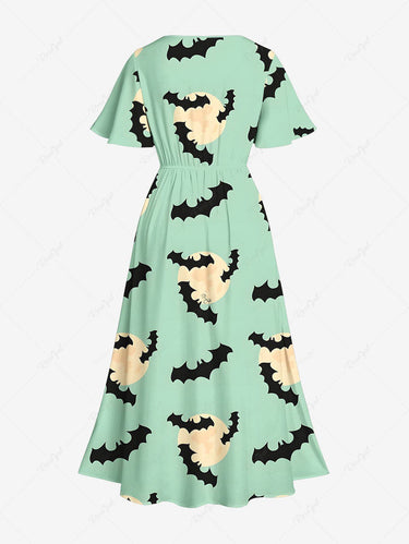 Gothic Plus Size Bat Moon Print Halloween Costume Split Pocket A Line Midi Dress