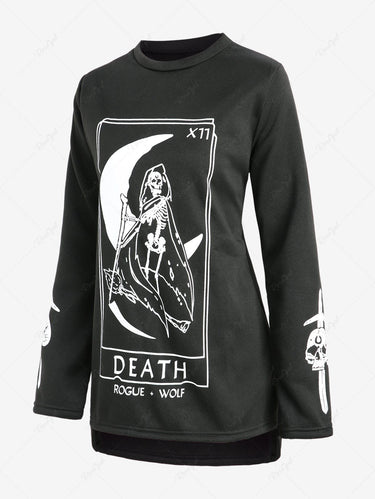 Gothic Skull Skeleton Moon Letters Print Halloween Long Sleeves High Low Sweatshirt