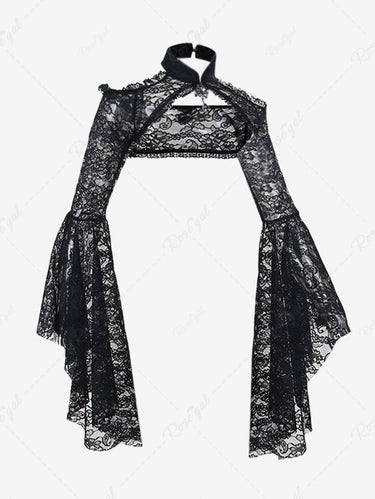 Gothic Halloween Flare Sleeves Floral Paisley Lace Panel Cut Out Halloween Shurg Top