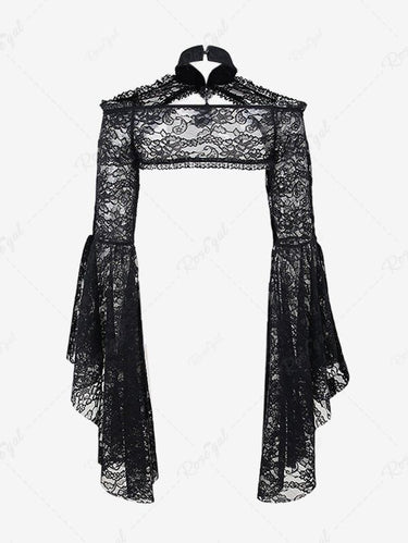 Gothic Halloween Flare Sleeves Floral Paisley Lace Panel Cut Out Halloween Shurg Top