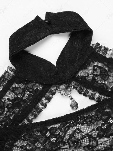 Gothic Halloween Flare Sleeves Floral Paisley Lace Panel Cut Out Halloween Shurg Top