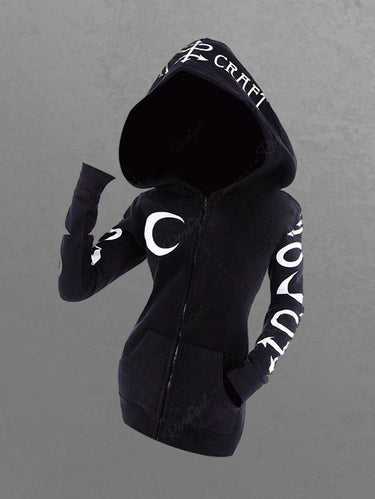 Gothic Moon Letters Print Full Zipper Pocket Long Sleeves Hoodie