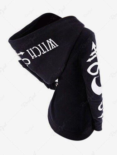 Gothic Moon Letters Print Full Zipper Pocket Long Sleeves Hoodie