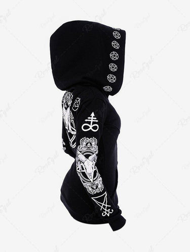 Gothic Punk Sheep Head Stars Print Zipper Pocket Long Sleeves Hoodie