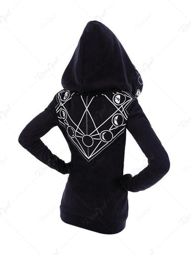 Gothic Punk Moon Planet Geometric Signal Print Zipper Pocket Long Sleeves Hoodie