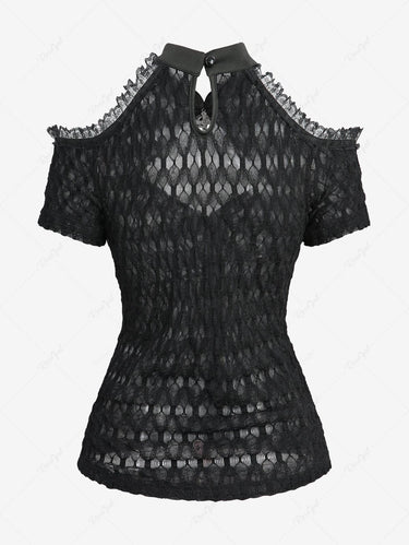 Gothic Cold Shoulder Skull Cross Cut Out Twist Crochet Lace Semi See Through Top