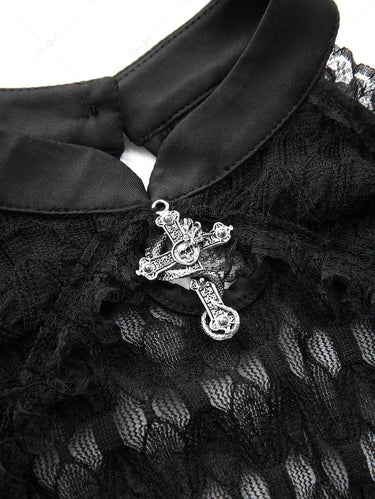 Gothic Cold Shoulder Skull Cross Cut Out Twist Crochet Lace Semi See Through Top