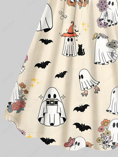 Gothic Plus Size Cute Ghost Bat Cat Flower Print Halloween Costume Cinched A Line Dress