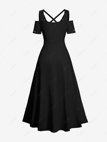 Gothic Plus Size Moon Planet Flower Print Crisscross A Line Maxi Dress