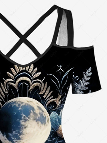 Gothic Plus Size Moon Planet Flower Print Crisscross A Line Maxi Dress