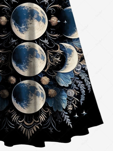 Gothic Plus Size Moon Planet Flower Print Crisscross A Line Maxi Dress
