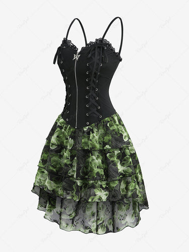 Gothic Floral Leaf Printed Lace Up Butterfly Zipper Lace-trim Layered High Low Asymmetric Cami Dress