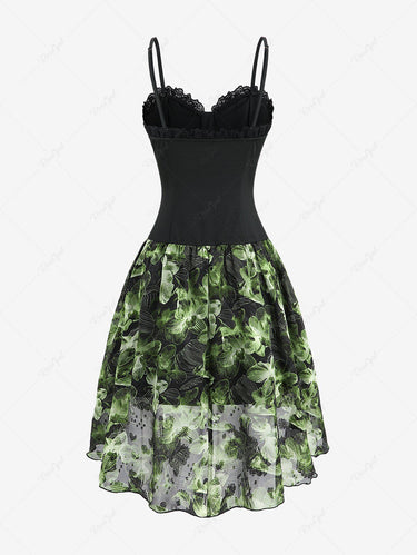 Gothic Floral Leaf Printed Lace Up Butterfly Zipper Lace-trim Layered High Low Asymmetric Cami Dress