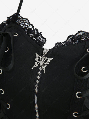 Gothic Floral Leaf Printed Lace Up Butterfly Zipper Lace-trim Layered High Low Asymmetric Cami Dress