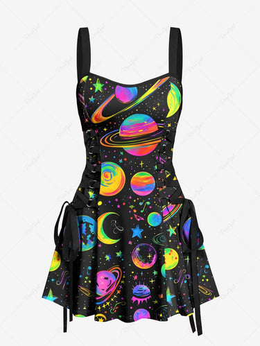 Gothic Colorful Planet Moon Star Galaxy Print Lace Up A Line Tank Dress