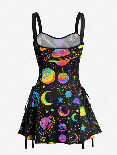 Gothic Colorful Planet Moon Star Galaxy Print Lace Up A Line Tank Dress