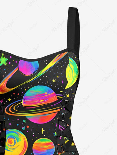 Gothic Colorful Planet Moon Star Galaxy Print Lace Up A Line Tank Dress