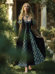 Gothic Cold Shoulder Puff Sleeves Plaid Print Lace Up Patchwork A Line Dress