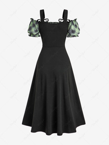 Gothic Cold Shoulder Puff Sleeves Plaid Print Lace Up Patchwork A Line Rgothic Gothic Cold Shoulder Puff Sleeves Plaid Print Lace Up Patchwork A Line Rgothic