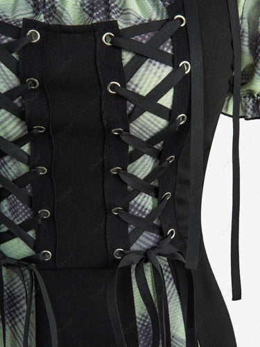 Gothic Cold Shoulder Puff Sleeves Plaid Print Lace Up Patchwork A Line Rgothic Gothic Cold Shoulder Puff Sleeves Plaid Print Lace Up Patchwork A Line Rgothic