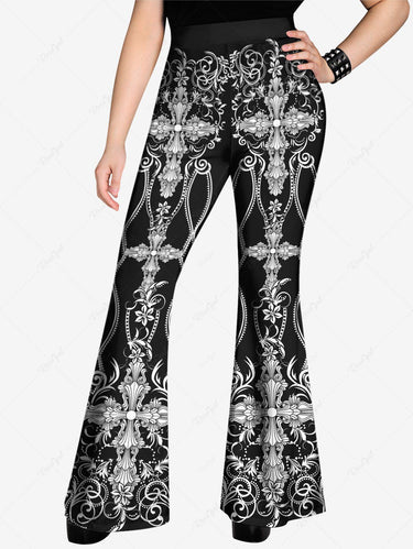 Gothic Plus Size Cross Vintage Floral Print Pull On Flare Pants