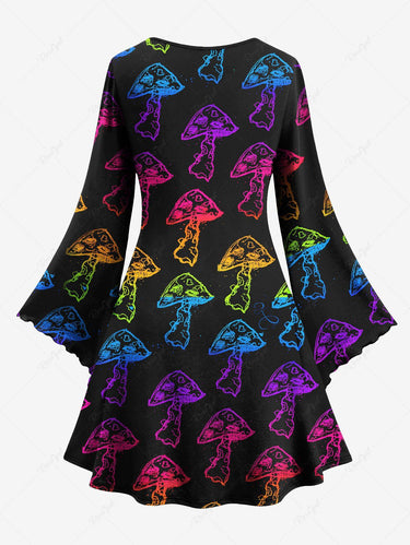 Gothic Plus Size Colorful Ombre Mushroom Print Flare Sleeves A Line Dress