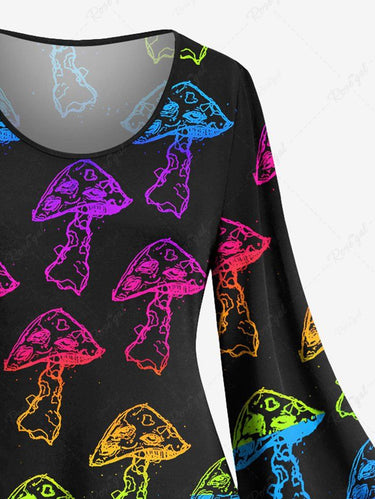 Gothic Plus Size Colorful Ombre Mushroom Print Flare Sleeves A Line Dress