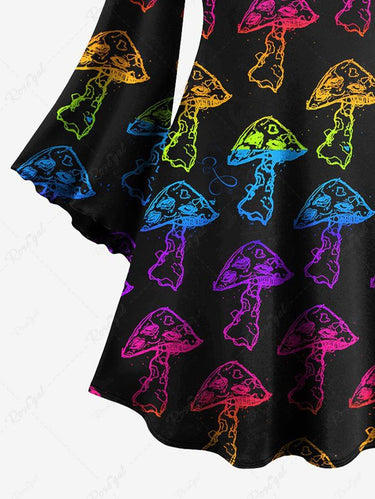Gothic Plus Size Colorful Ombre Mushroom Print Flare Sleeves A Line Dress
