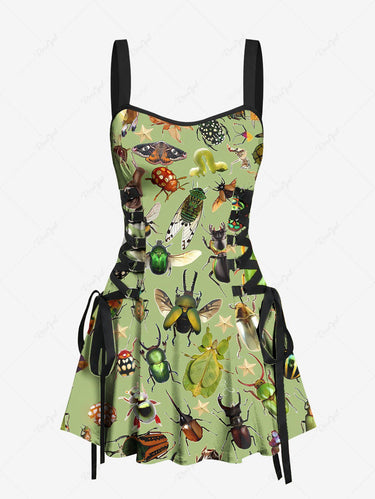 Gothic Colorful Insects Print Lace Up A Line Tank Dress