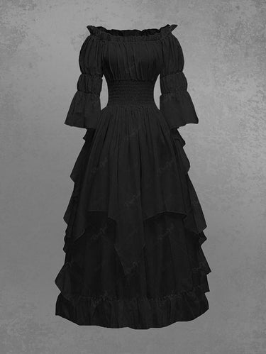 Gothic Christmas Ruched Elastic Waist Solid Layered A Line Dress