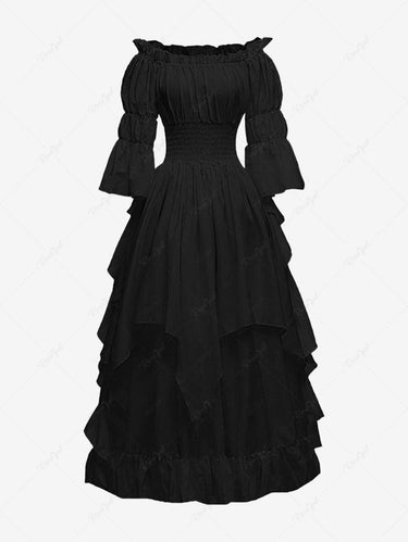 Gothic Christmas Ruched Elastic Waist Solid Layered A Line Dress
