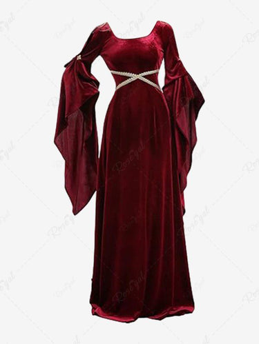 Gothic Halloween Split Buckle Flare Sleeves Crisscross Lace Up Back Maxi Vintage Party Dress