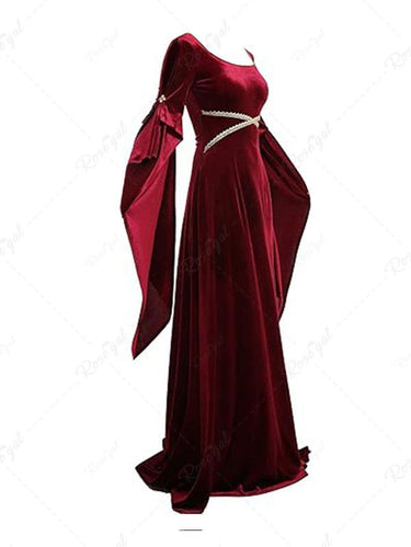 Gothic Halloween Split Buckle Flare Sleeves Crisscross Lace Up Back Maxi Vintage Party Dress