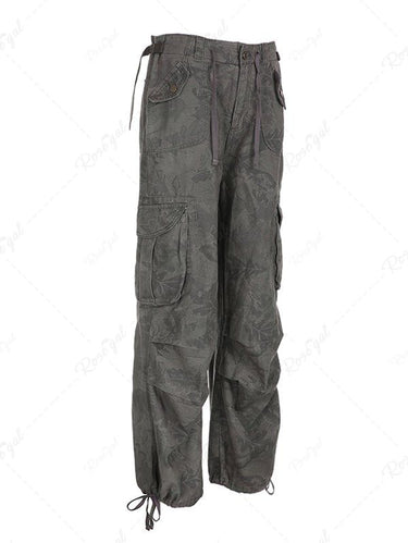 Gothic Camouflage Leaf Print Pocket Drawstring Vintage Denim Cargo Pants