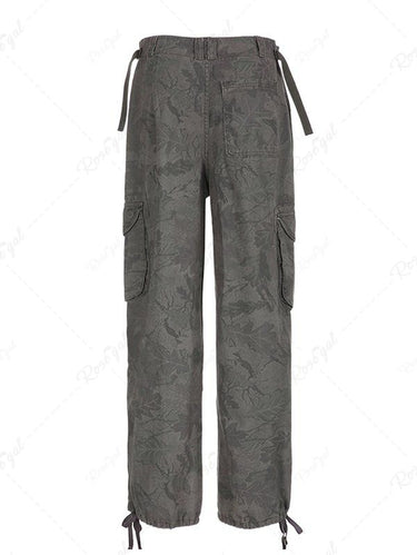 Gothic Camouflage Leaf Print Pocket Drawstring Vintage Denim Cargo Pants