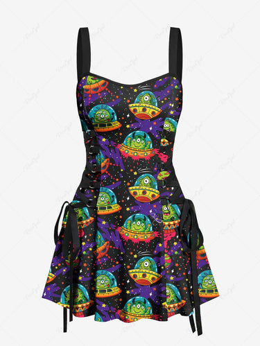 Gothic Cartoon Aliens Monster UFO Stars Galaxy Print Lace Up A Line Tank Dress