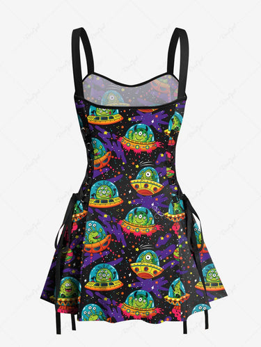 Gothic Cartoon Aliens Monster UFO Stars Galaxy Print Lace Up A Line Tank Dress
