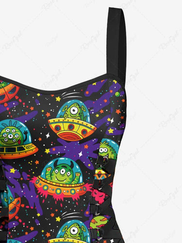 Gothic Cartoon Aliens Monster UFO Stars Galaxy Print Lace Up A Line Tank Dress